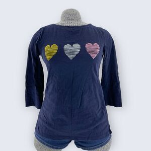 Talbots Embroidered Hearts Navy Blue Cotton 3/4 Sleeve Tee XS